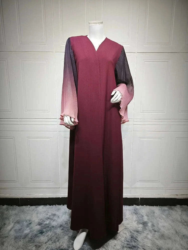 Ramadan Open Abaya – Jewel Tone Robe with Patch Detailing -  Wine red / S -  Abaya Vida