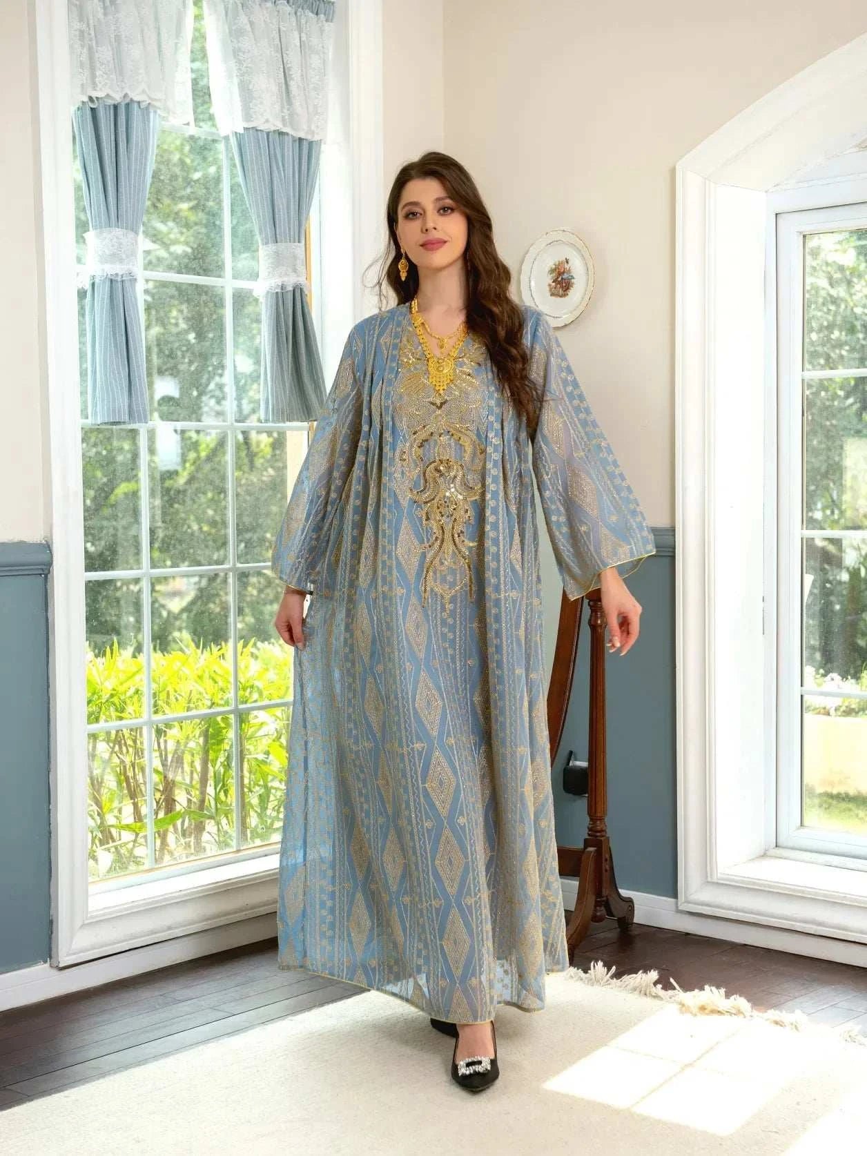 Regal Beaded Embroidered Abaya – Luxury Occasion Modest Wear -  Light Green / S -  Abaya Vida