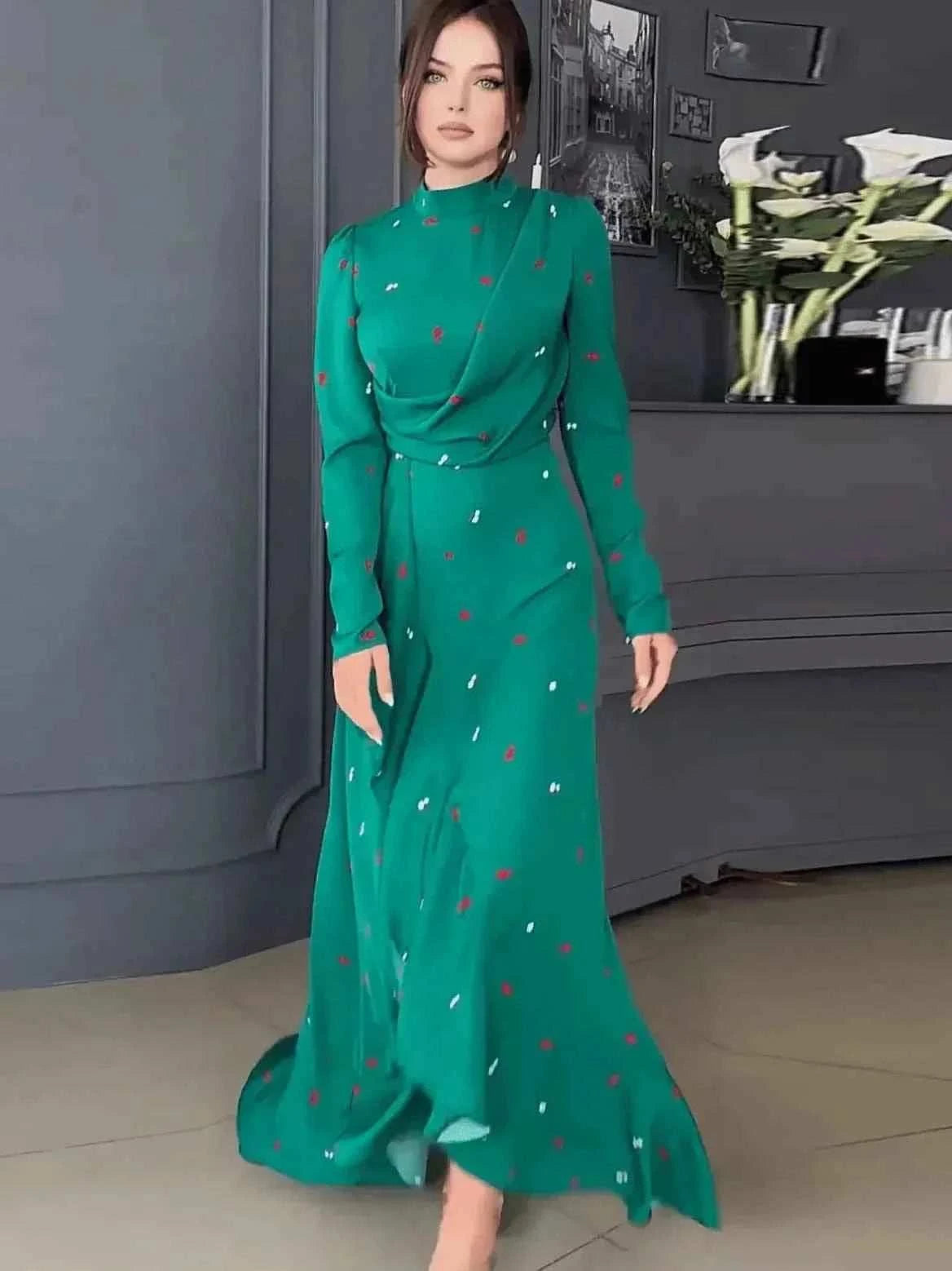 Ruffle Turtleneck Eid Dress – Slim Fit Green Maxi Abaya -  M -  Abaya Vida