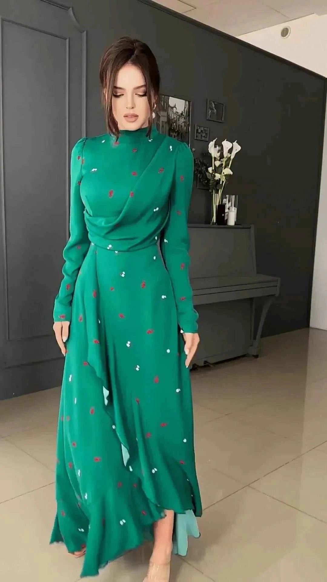 Ruffle Turtleneck Eid Dress – Slim Fit Green Maxi Abaya -  M -  Abaya Vida