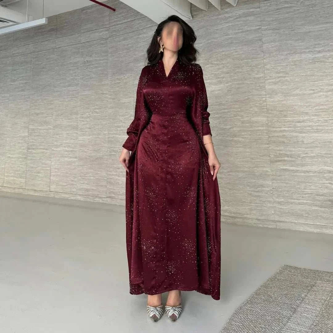 Satin Grace Abaya – Elegant Closed Butterfly Satin Maxi -  Maroon -  Abaya Vida
