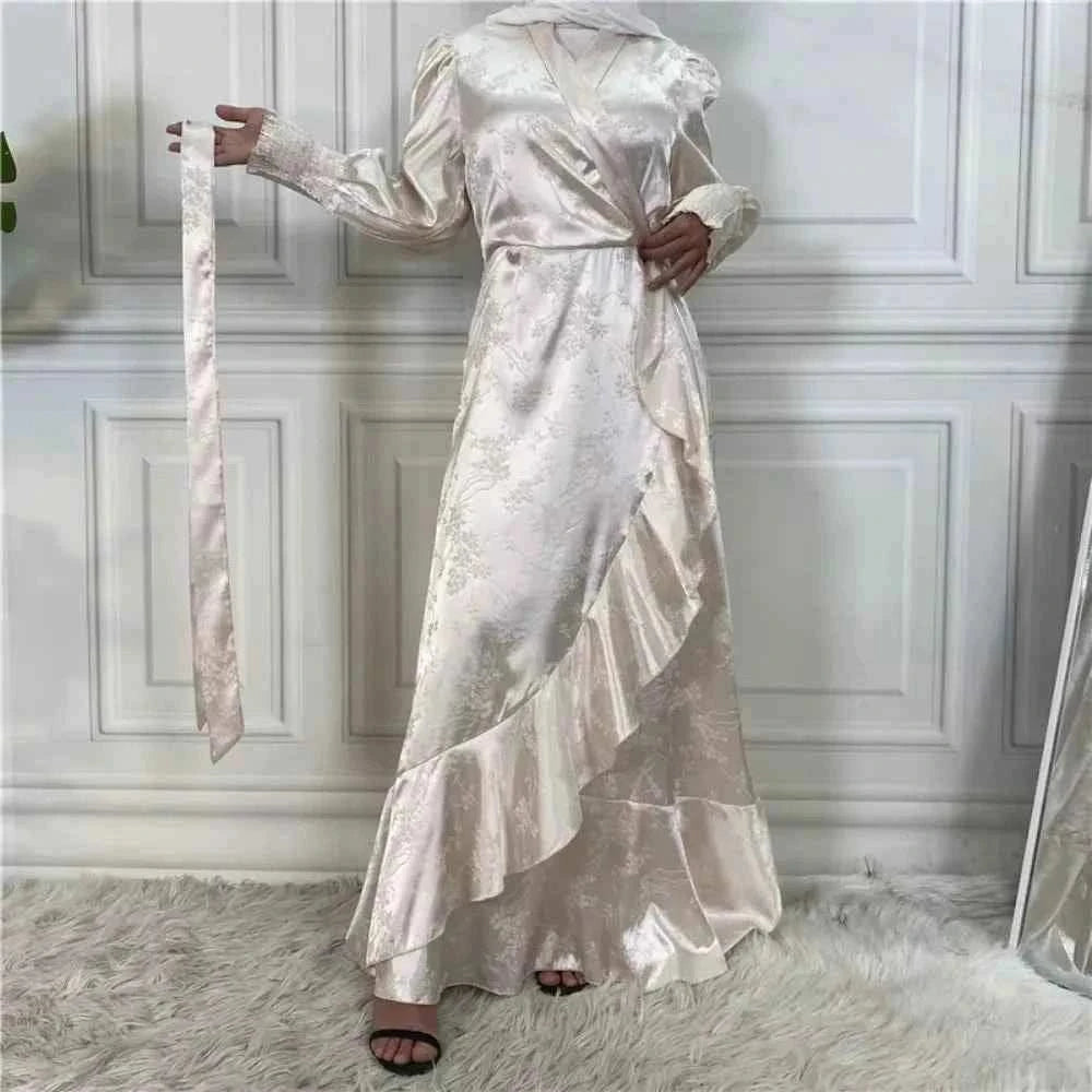 Satin Ruffle Abaya – Elegant Wrap Style Belted Occasion Dress -  Apricot / S -  Abaya Vida