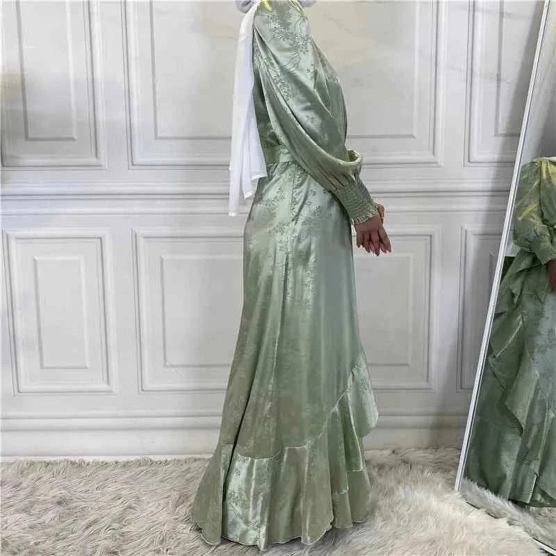 Satin Ruffle Abaya – Elegant Wrap Style Belted Occasion Dress -  Apricot / S -  Abaya Vida