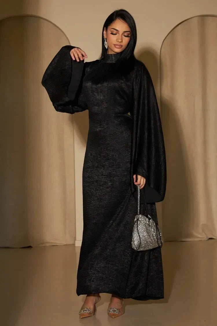 Shimmer Flare Abaya – Metallic Butterfly Sleeve Evening Maxi -  Black / S -  Abaya Vida