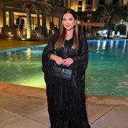 Shiny Two-Piece Abaya Set – Open Pleated Evening Ensemble -  Black -  Abaya Vida