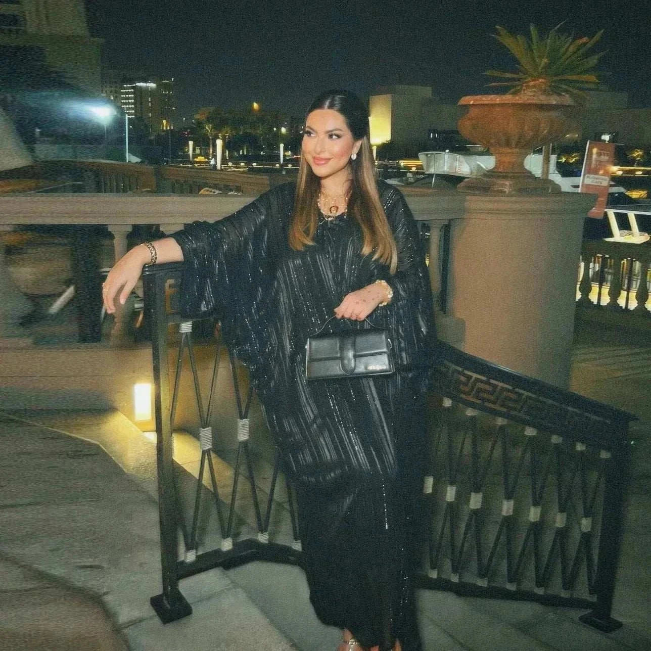 Shiny Two-Piece Abaya Set – Open Pleated Evening Ensemble -  Black -  Abaya Vida