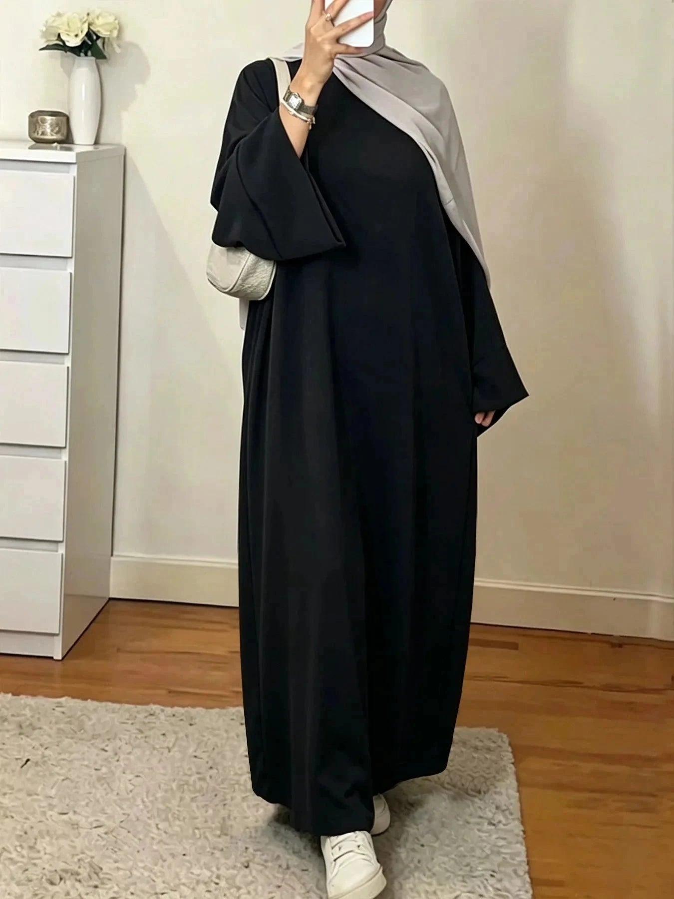 Solid Colour Maxi Abaya for Women – Loose Fit Long Sleeve Prayer Robe -  Black / S -  Abaya Vida