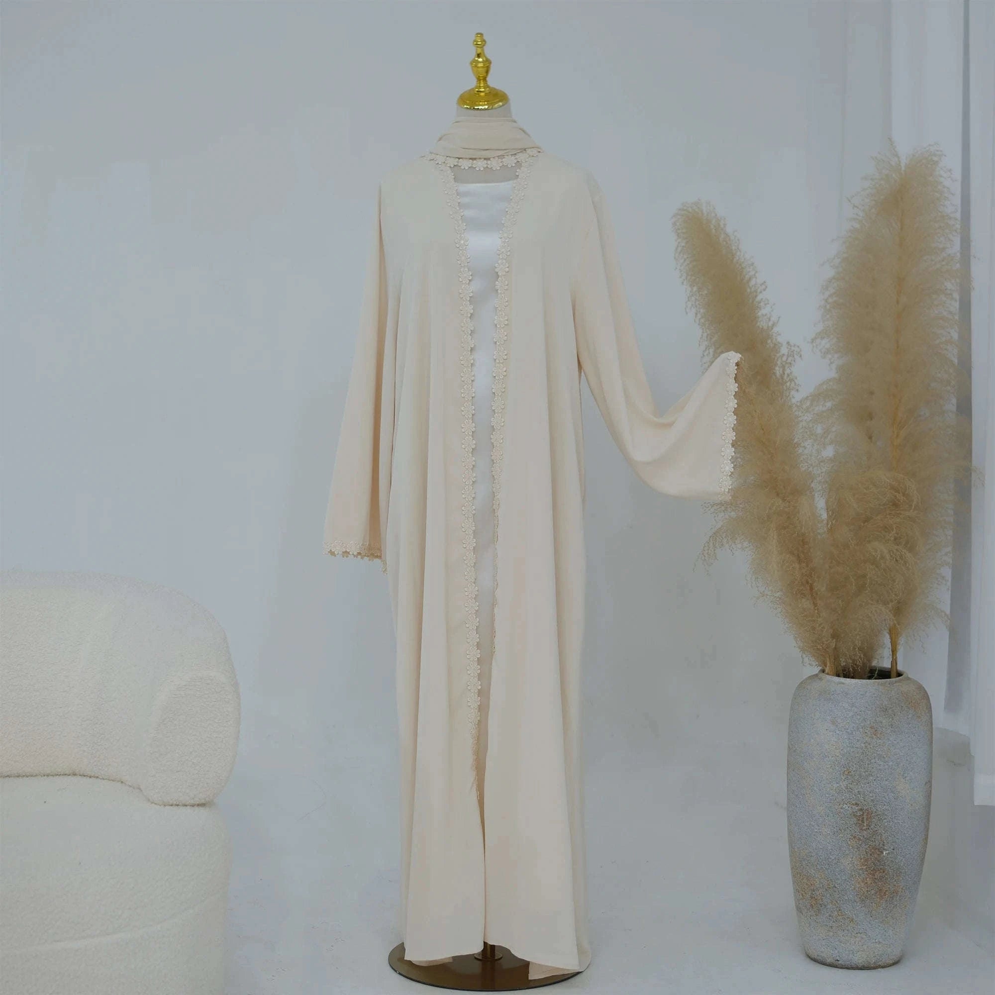 Summer Lace Flower Abaya with Scarf – Open Front Robe, Side Pockets -  Apricot with Scarf / S -  Abaya Vida