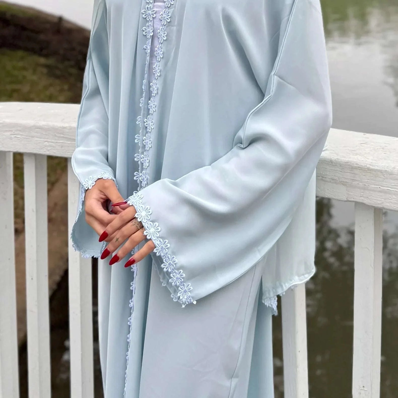 Summer Lace Flower Abaya with Scarf – Open Front Robe, Side Pockets -  Apricot with Scarf / S -  Abaya Vida