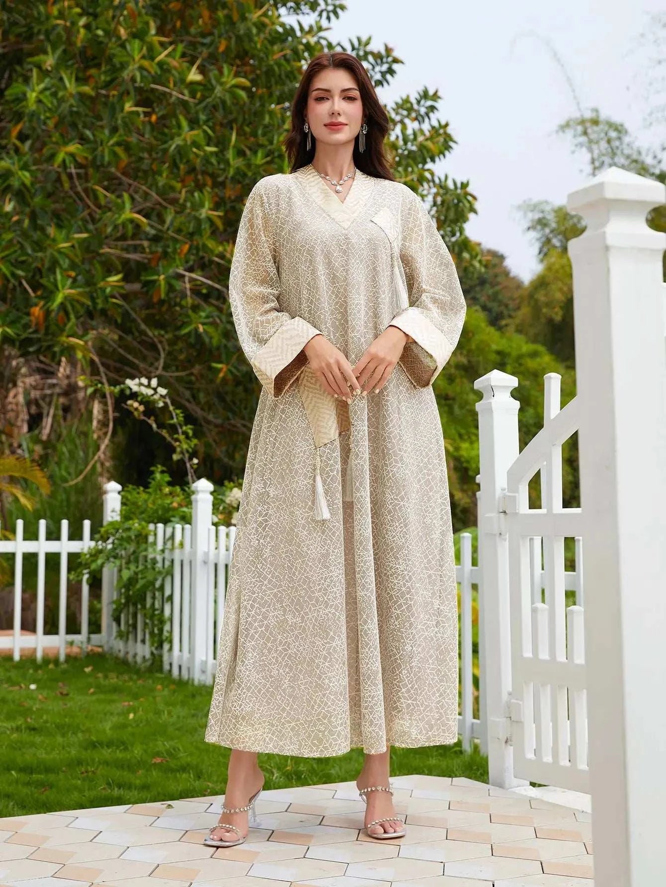 Tassel Charm Saudi Abaya – Luxury Fringe Formal Modest Wear -  Beige White / S -  Abaya Vida