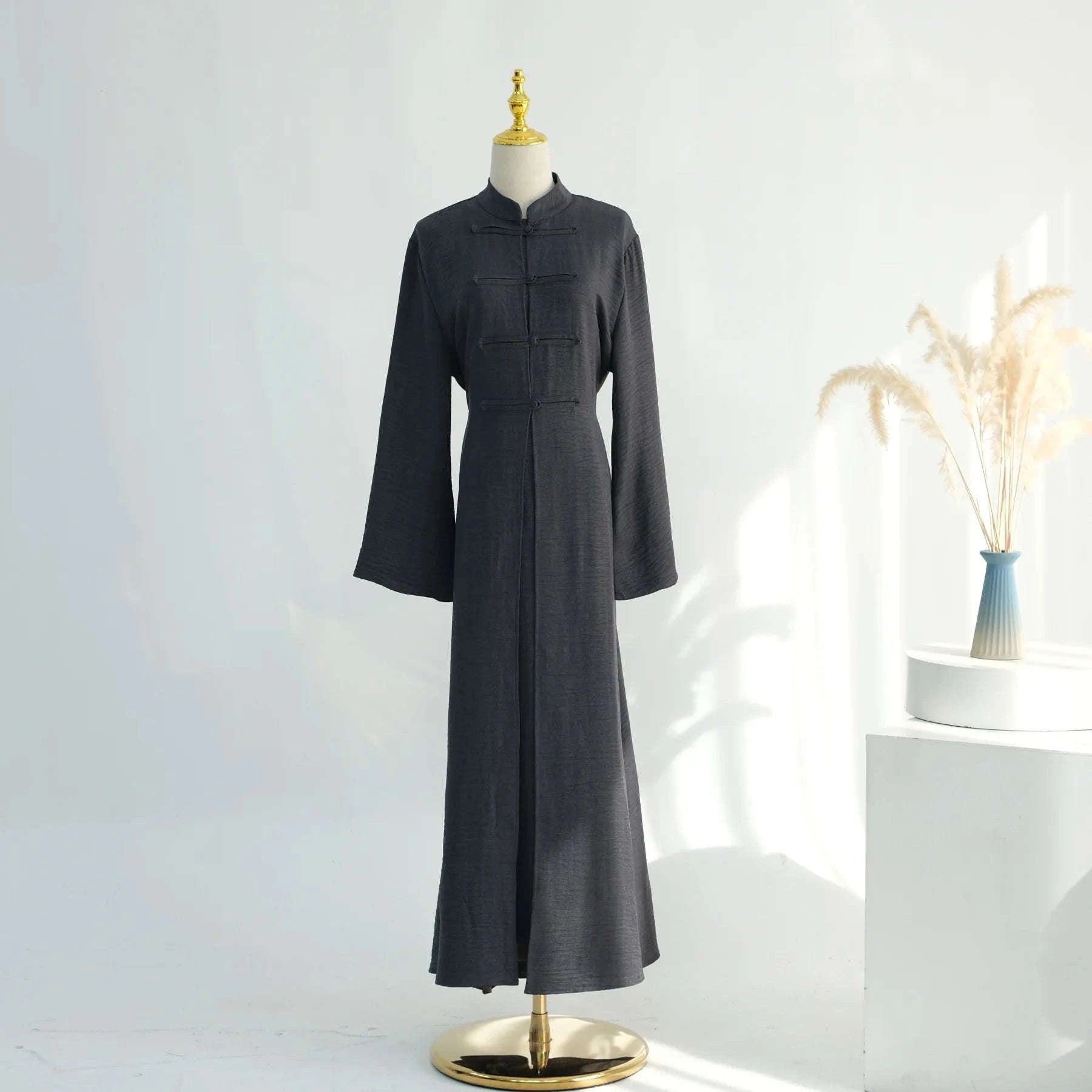 Two-Piece Arabic Modest Abaya Set – Cardigan & Inner Dress -  Dark Gray / M -  Abaya Vida