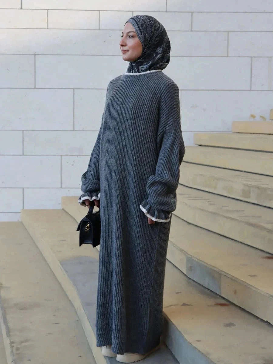 Winter Knit Floral Sleeve Abaya – Cosy Sweater-Style Robe -  Black / M -  Abaya Vida