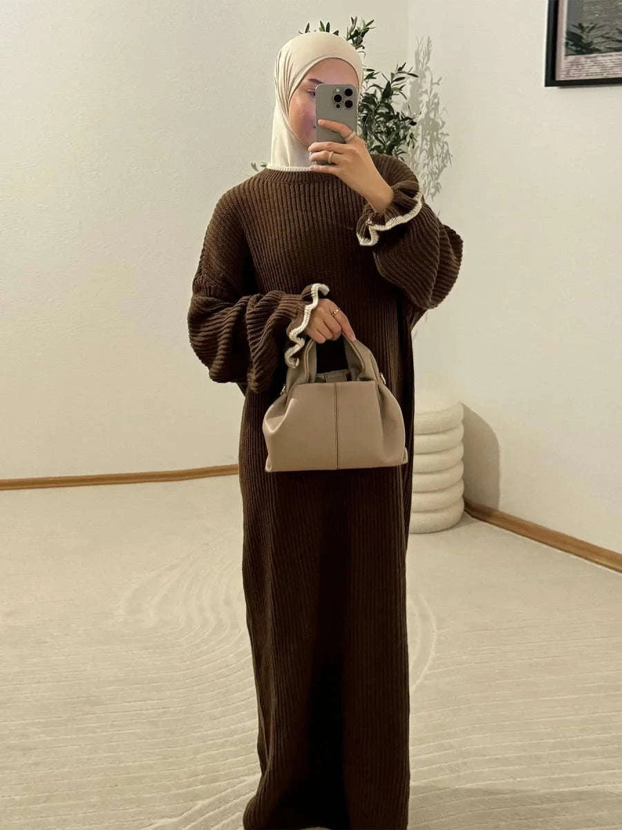 Winter Knit Floral Sleeve Abaya – Cosy Sweater-Style Robe -  Black / M -  Abaya Vida