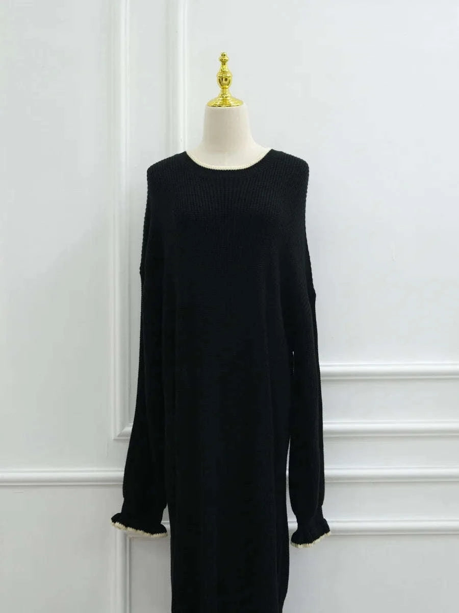 Winter Knit Floral Sleeve Abaya – Cosy Sweater-Style Robe -  Black / M -  Abaya Vida