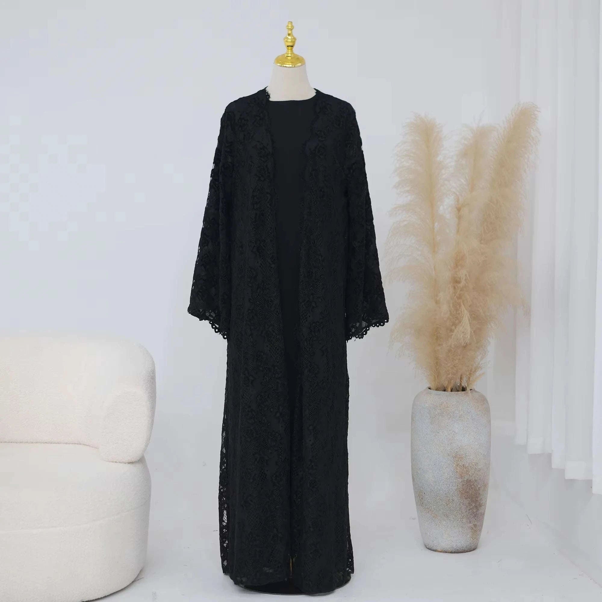 Zahraa Beaded Kimono Abaya – Lined Lace Open Front Robe -  Black / S -  Abaya Vida