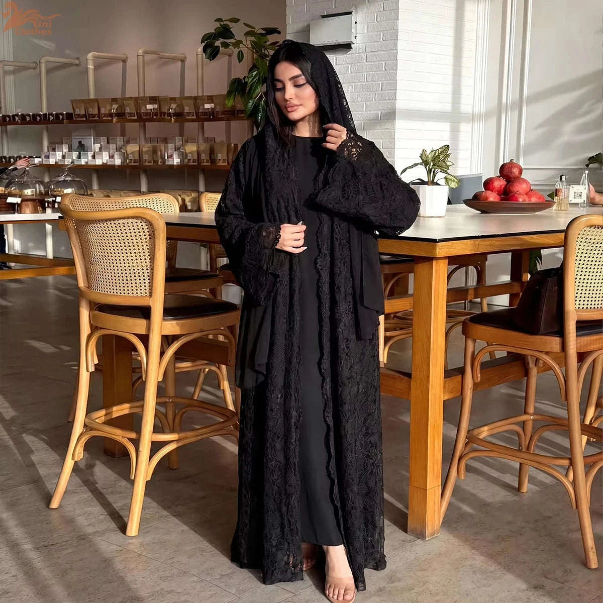 Zahraa Beaded Kimono Abaya – Lined Lace Open Front Robe -  Black / S -  Abaya Vida