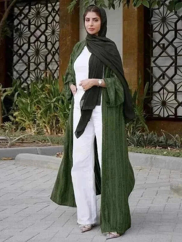 Arabian Knitted Abaya Coat – Textured Open Modest Cardigan -  Silver / S -  Abaya Vida