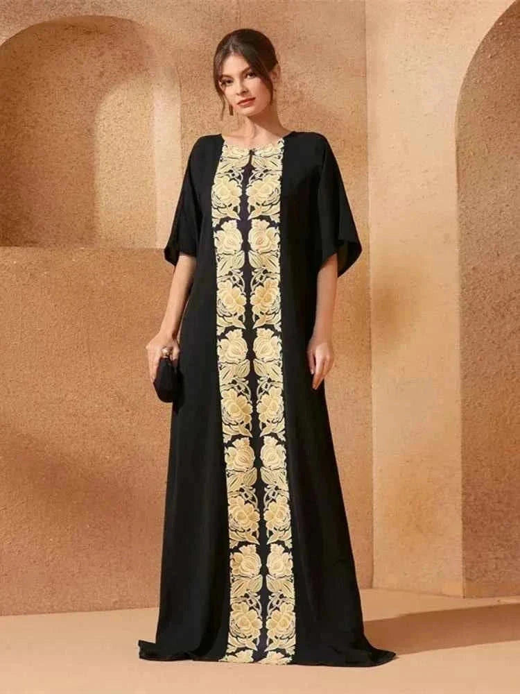 Black Floral Closed Abaya – Gold Embroidery Ramadan & Eid - XS - AbayaVida