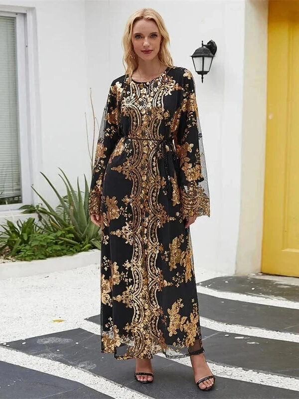 Belted Embroidered Abaya – Luxury Open Front Kimono Abaya -  Black-Golden / S -  Abaya Vida