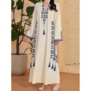 Polyester Printed Kaftan Abaya for Eid – V-Neck Closed Maxi -  White / S -  Abaya Vida