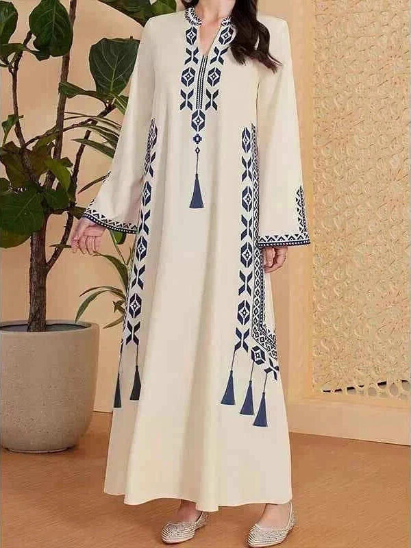 Polyester Printed Kaftan Abaya for Eid – V-Neck Closed Maxi -  White / S -  Abaya Vida