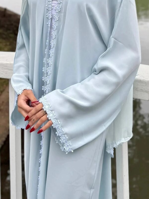 Summer Lace Flower Abaya with Scarf – Open Front Robe, Side Pockets -  Apricot with Scarf / S -  Abaya Vida