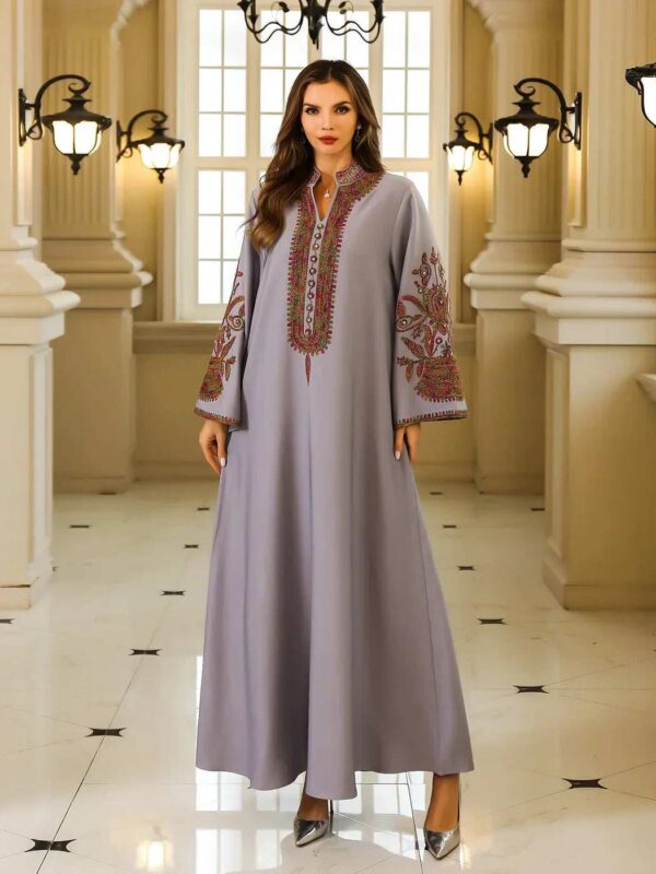 Geometric Embroidery Abaya – Traditional Festival Kaftan Style -  Grey / M -  Abaya Vida