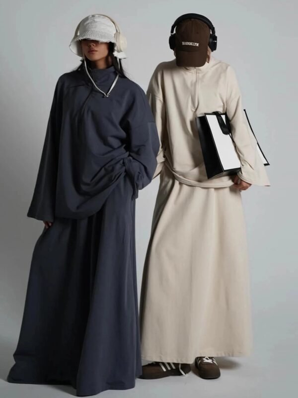 Two Piece Cotton Abaya Suit for Women – Elegant Top & Skirt Set - Dark Blue - S | AbayaVida