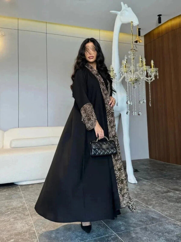 Leopard Trim Chiffon Abaya Set with Hijab – Open Front Kaftan -  S -  Abaya Vida