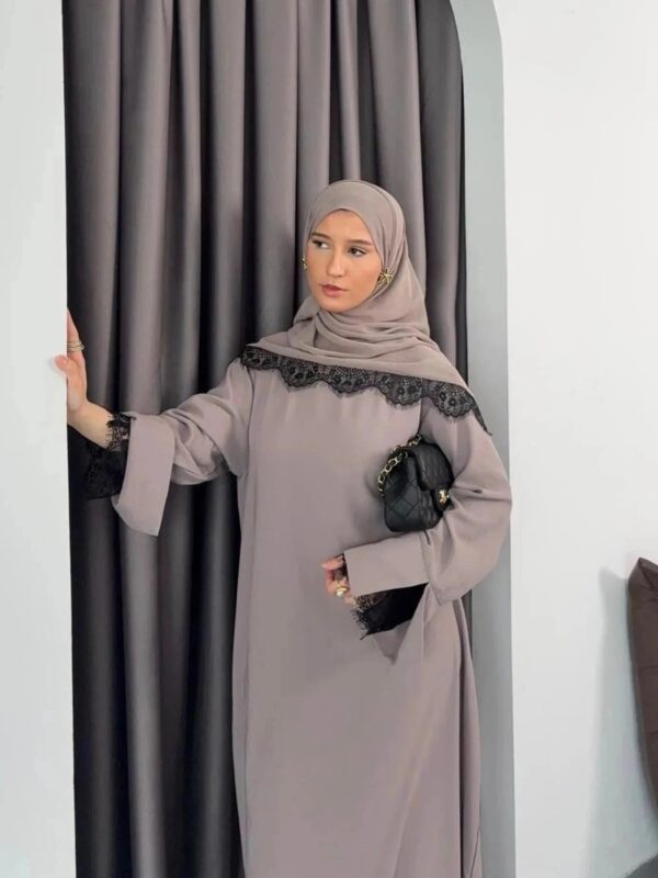 Lace Hijab Dress Suit – Elegant Closed Front Abaya -  Khaki / S -  Abaya Vida