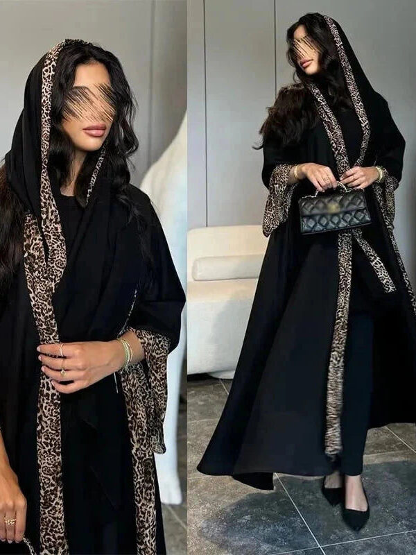 Leopard Trim Chiffon Abaya Set with Hijab – Open Front Kaftan -  S -  Abaya Vida