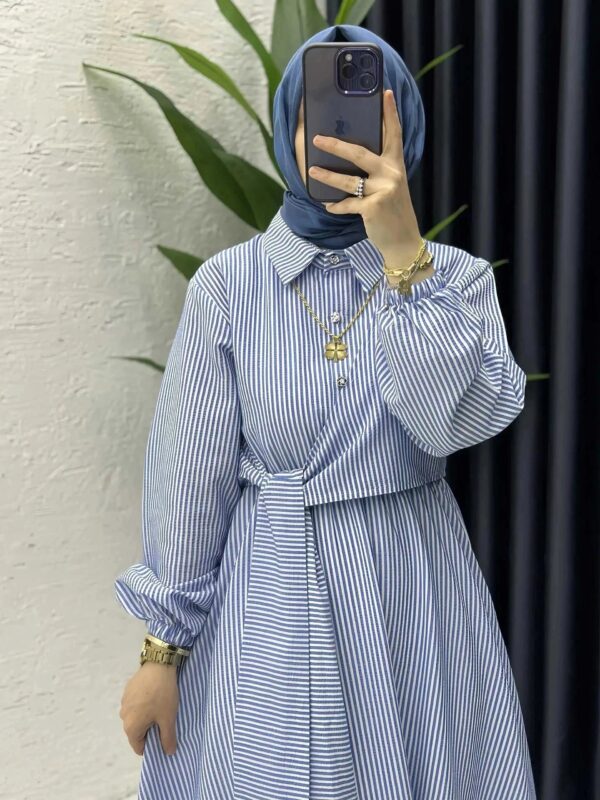 Belted Striped Modest Dress – Shirt Neckline Commute Robe -  PInk / M -  Abaya Vida