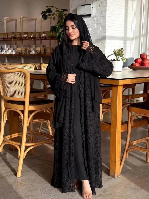 Zahraa Beaded Kimono Abaya – Lined Lace Open Front Robe -  Black / S -  Abaya Vida