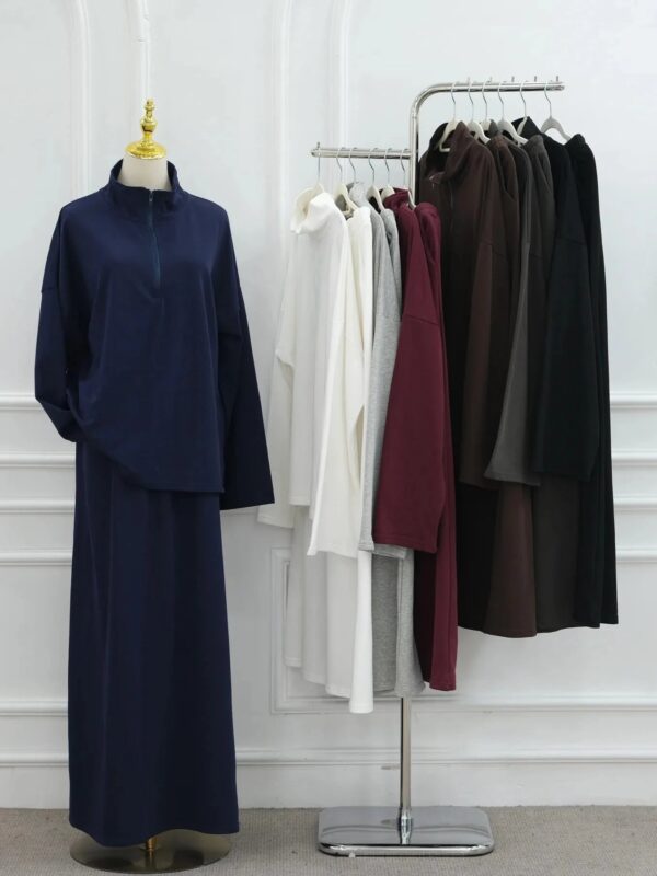 Two Piece Cotton Abaya Suit for Women – Elegant Top & Skirt Set - Dark Blue - M | AbayaVida