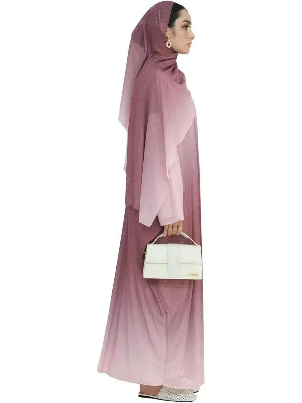 Gradient Sequin Chiffon Abaya Cardigan – Shimmer Open Front Robe with Hijab -  S -  Abaya Vida