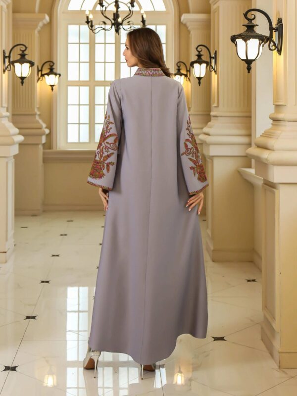 Geometric Embroidery Abaya – Traditional Festival Kaftan Style -  Grey / M -  Abaya Vida