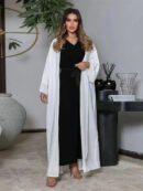 White & Khaki Kimono Abaya for Women – Open Front Cardigan Robe -  White / S -  AbayaVida