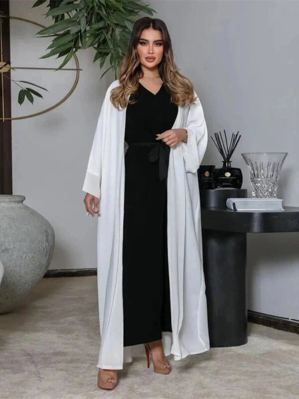 White & Khaki Kimono Abaya for Women – Open Front Cardigan Robe -  White / S -  AbayaVida