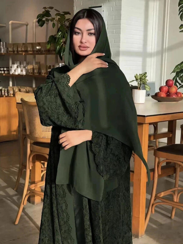 Zahraa Beaded Kimono Abaya – Lined Lace Open Front Robe -  Black / S -  Abaya Vida