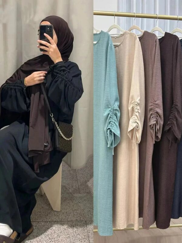 Lace-Up Sleeve Casual Robe – Closed Front Modest Dress -  Mocha / M -  Abaya Vida