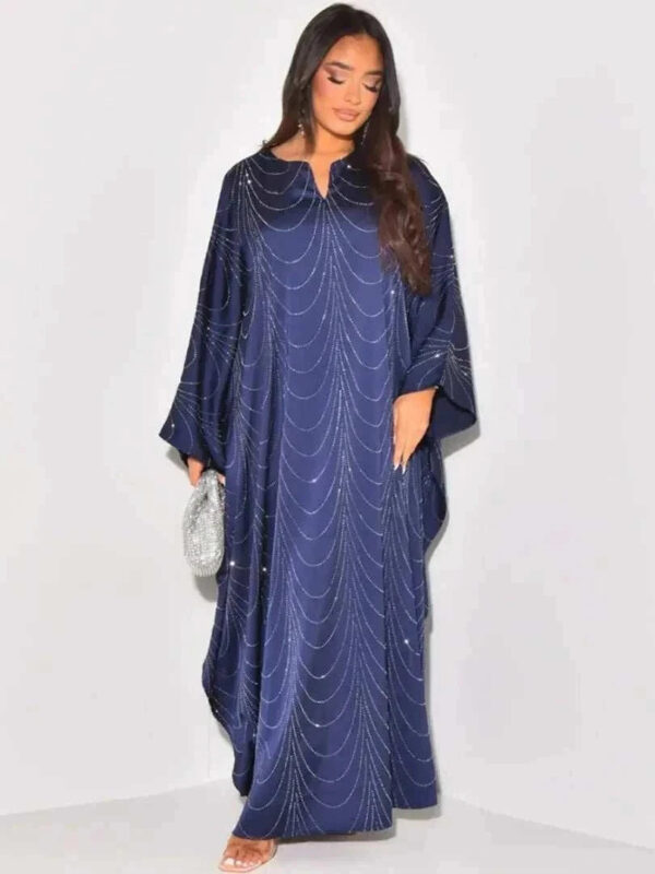 Diamond Satin Abaya – Embellished Closed Satin Occasion Abaya -  Blue -  Abaya Vida