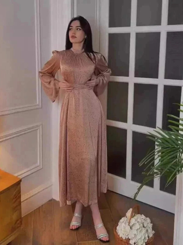Printed Satin Lace Abaya – Elegant Satin Lace Party Abaya - Caramel / S - Abaya Vida