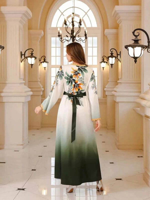 Arab Print Kaftan Abaya – Ombre Floral Satin Eid Dress -  Blue / M -  Abaya Vida