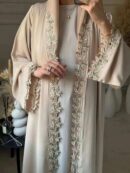 Beige Harmony Embroidered Abaya – Leaf Embroidery Open Modest Abaya -  M -  Abaya Vida