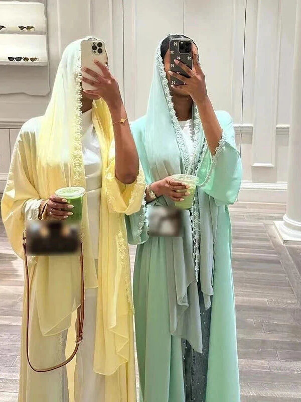 Eid Abaya with Hijab Set – Lace Detail Open Front Robe -  Blue with Hijab / S -  Abaya Vida