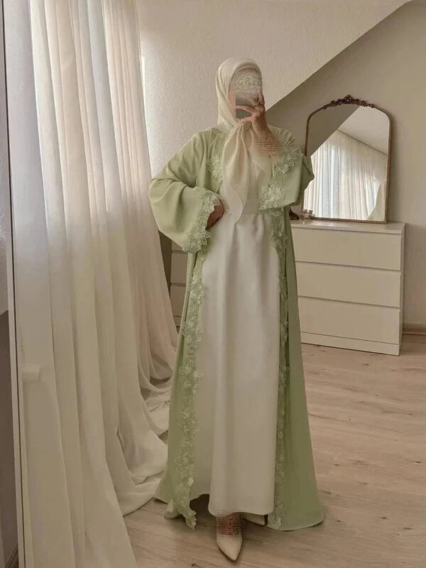 Embroidered Eid Cardigan Robe – Open Front Party Abaya in Green -  S -  Abaya Vida