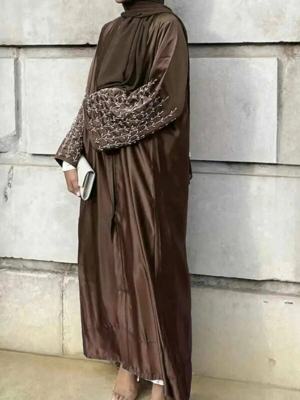 Handmade Beaded Abaya Cardigan – Luxury Satin Open Abaya -  Black with Hijab / XL -  Abaya Vida