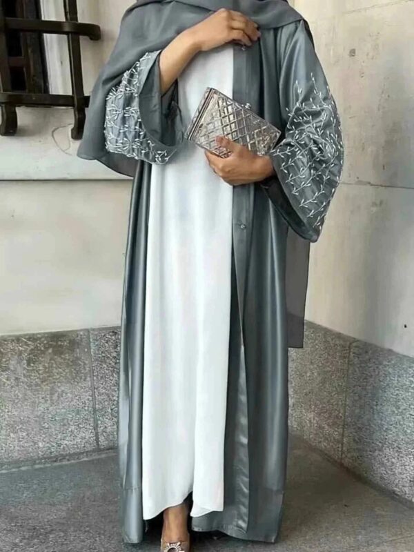 Handmade Beaded Abaya Cardigan – Luxury Satin Open Abaya -  Black with Hijab / XL -  Abaya Vida