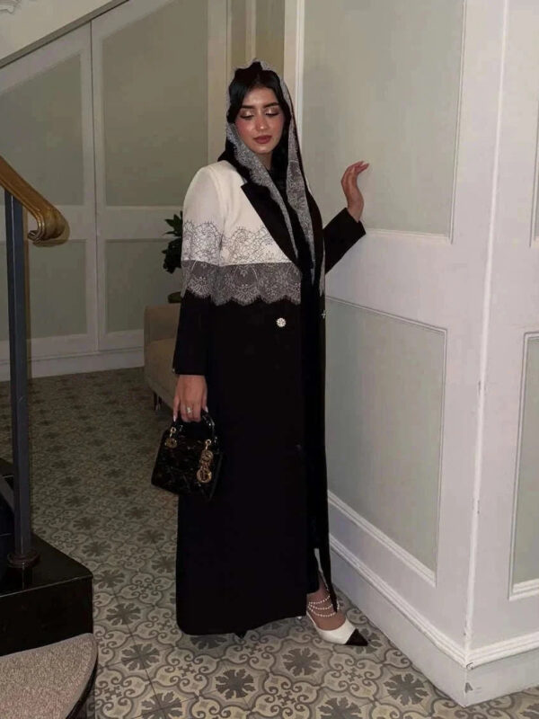 Modest Lace Trim Abaya – Open Front Robe with Lapel Collar -  S -  Abaya Vida