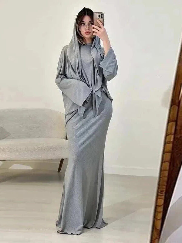 Modest Skirt Suit Set – Elegant 3 Piece Casual Outfit with Hijab -  Gray / XS -  Abaya Vida